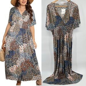 OSTOO Women's Plus Size Bohemian Maxi Dress Empire Waist Short Sleeve Sz XXL NWT
